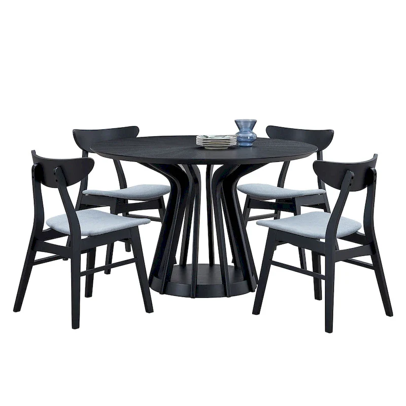 5 Pcs Solid Wood Dining Table Set, Round Kitchen Furniture Set with Wooden Pedestal Kitchen Table and 4 Upholstered Chairs