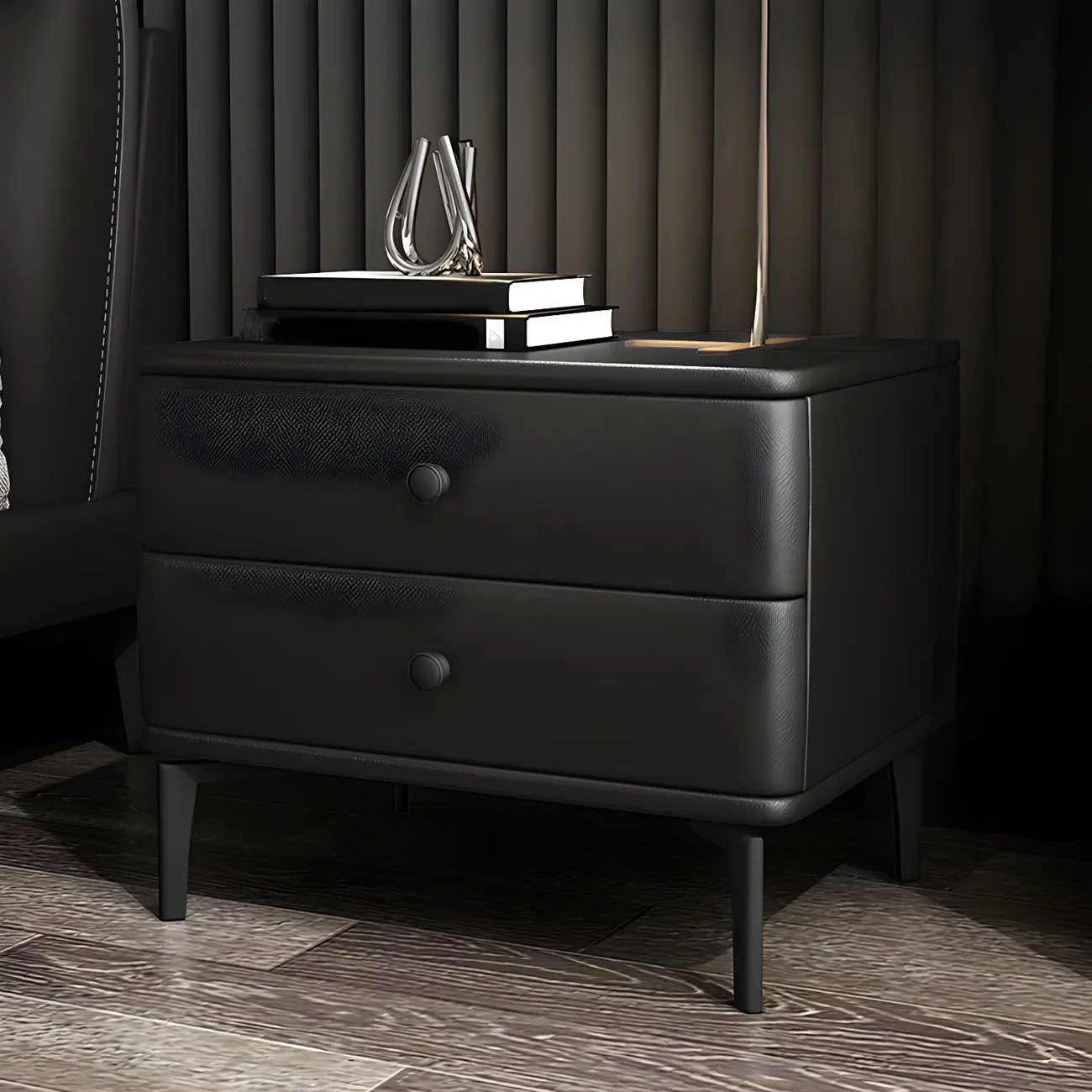 Modern Black Leather Bedside Table with Drawers