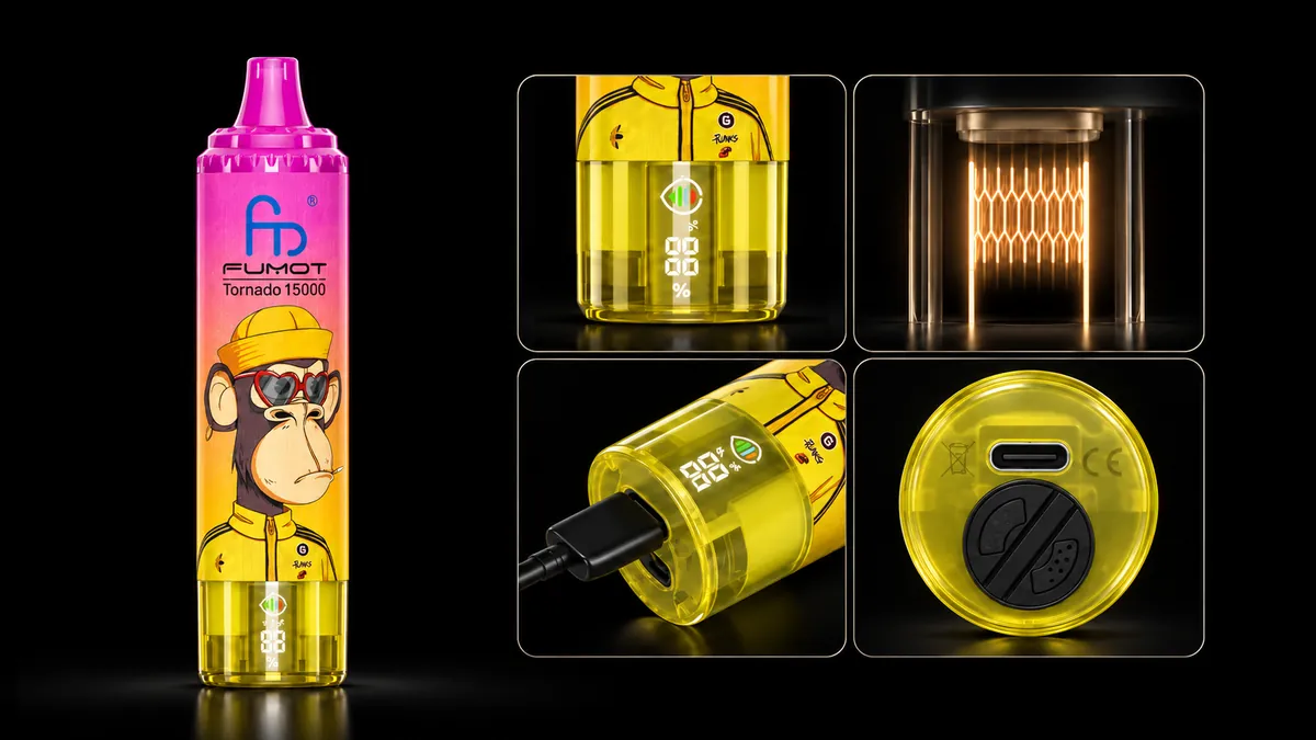 FUMOT Tornado 15000 Banana Ice – Detailansichten von Display, Heizsystem, USB-C-Anschluss und Luftregulierung