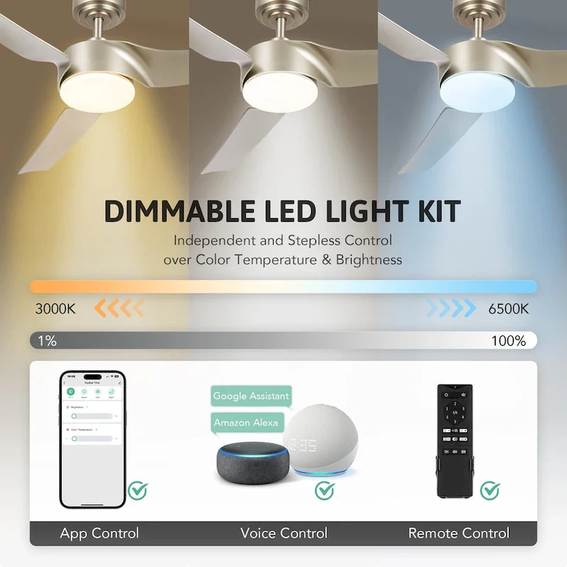 Modern 52  Smart Ceiling Fan with Dimmable Light Kit & Remote