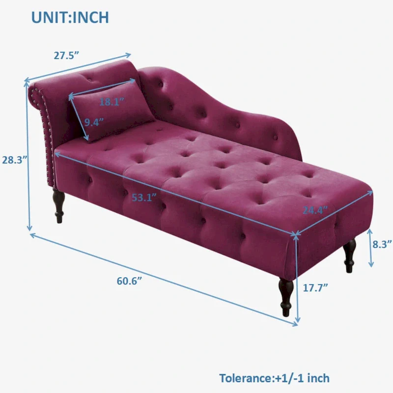 Modern 60.6 Velvet Upholstered Buttons Tufted Chaise Lounge Chair with Solid Wood Legs and Nailheads