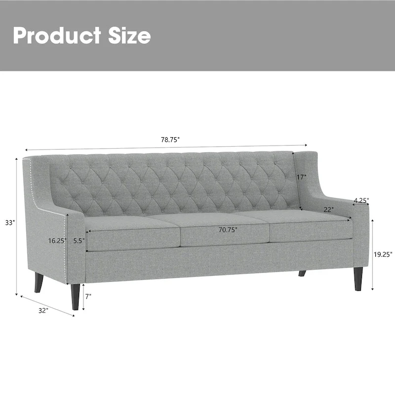 Grey 78.75 Polyester 3-Seater Sofa with Tufted Back and Cushions