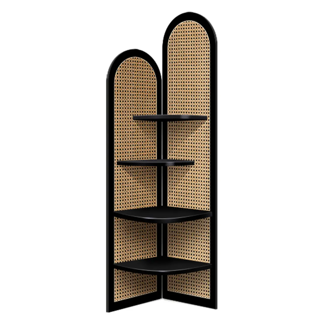 Elegant Wicker Black Wood Corner Open Display Cabinet