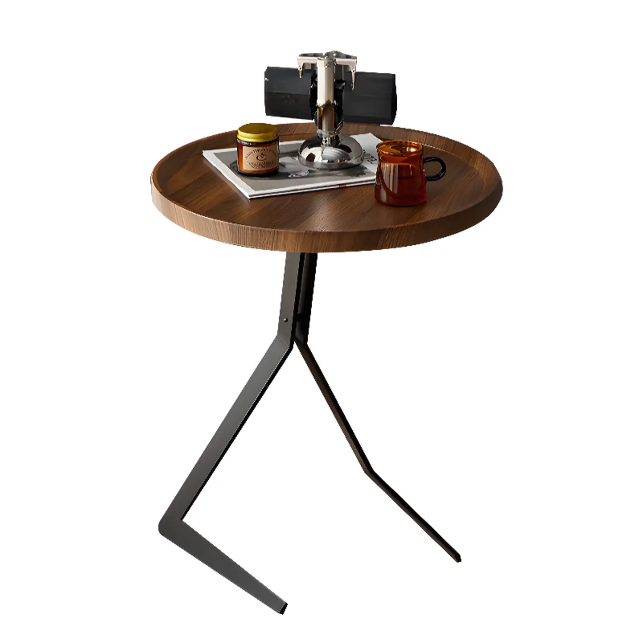 C-Shpaed Brown Wood Round Side Table with Metal Legs