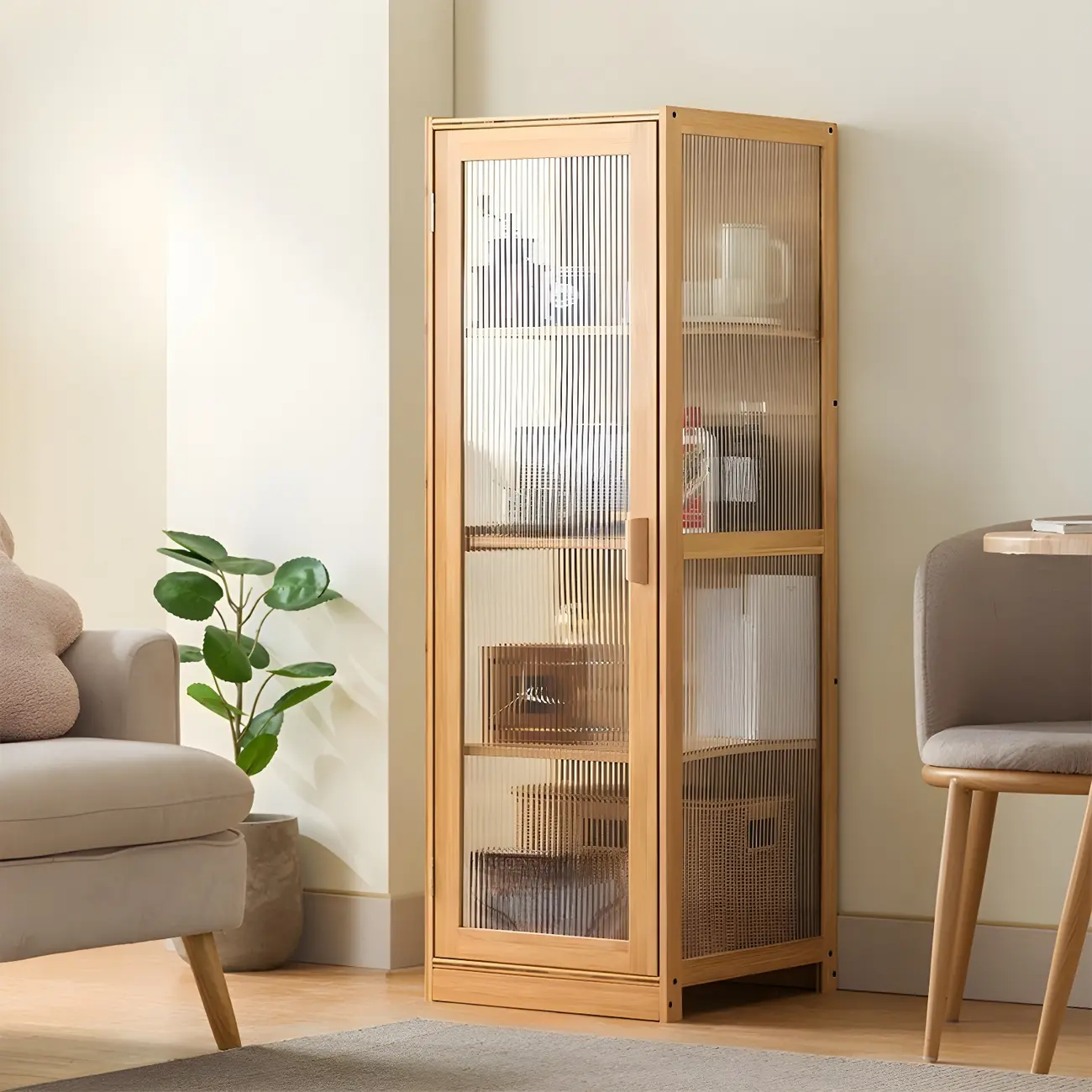 Narrow Adjustable Scandinavian Bamboo Glass Curio Cabinet