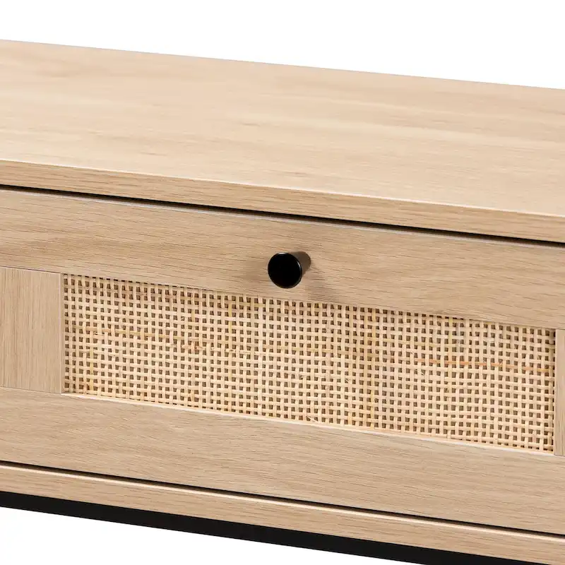Sherwin Mid-Century Modern Light Brown and Black 2-Drawer Console Table with Woven Rattan Accent