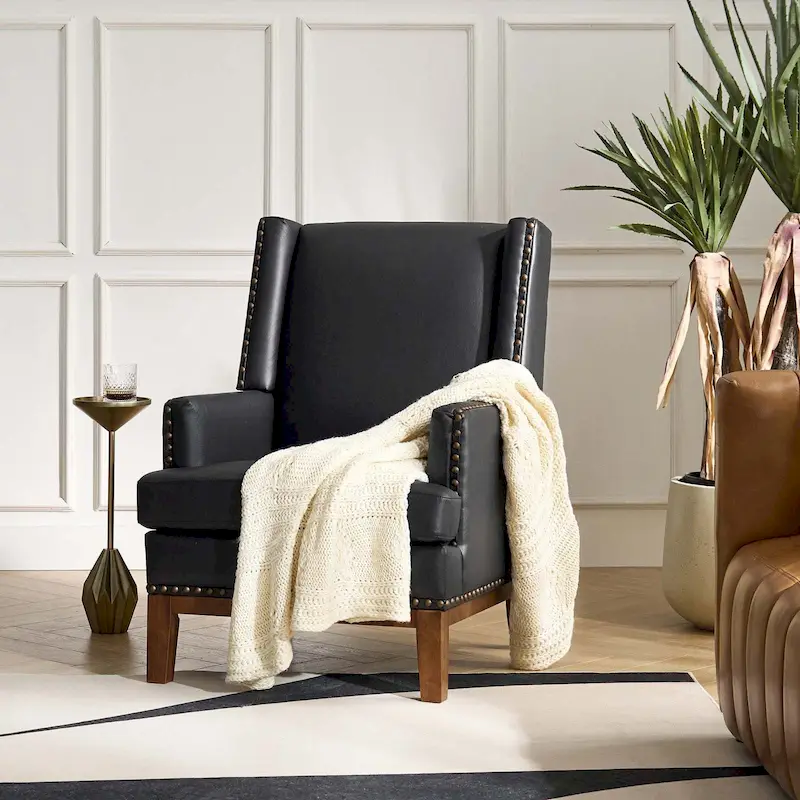 Lourdes Genuine Leather Armchair with Solid Wood Frame and Removable Seat Cushion by HULALA HOME