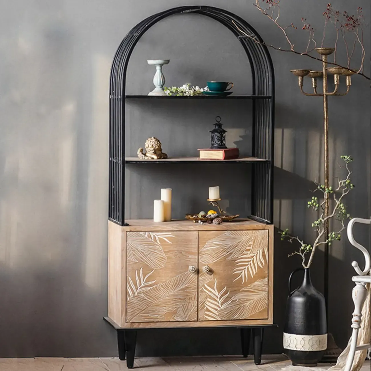 Oriental Brown Wooden Sideboard with Leaf Carving