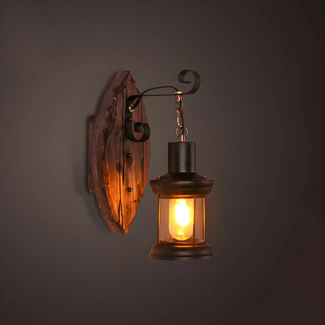 Industrial Distressed Wood Glass Black Wall Lantern Light