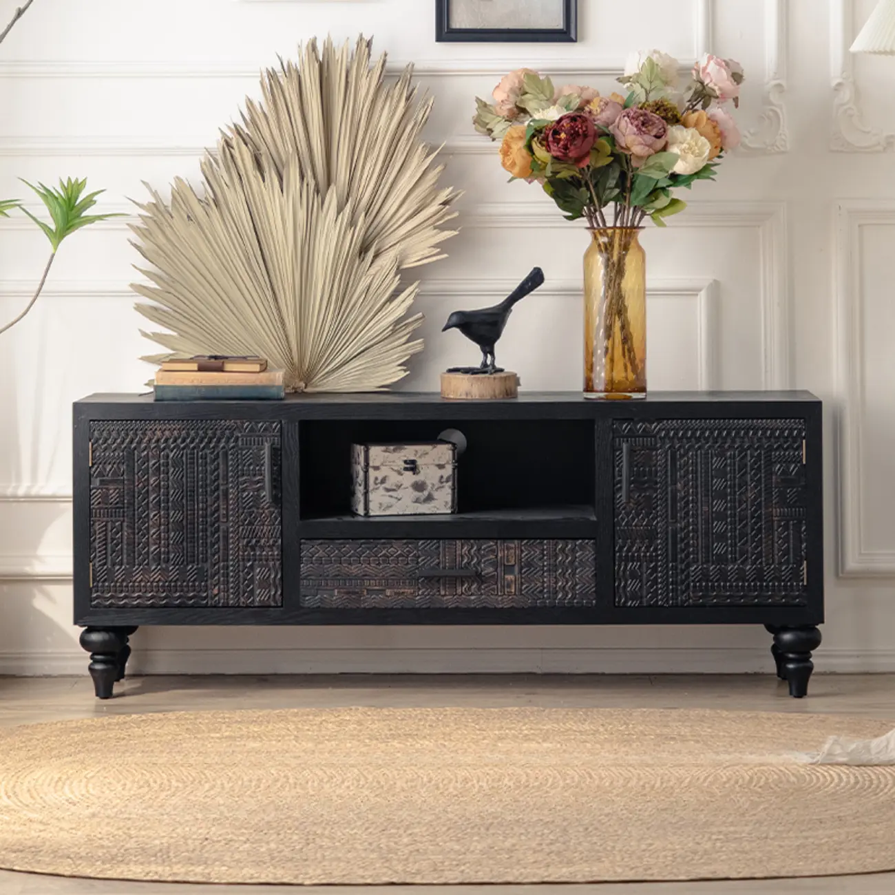 Artistic Pattern Wood Black Cabinet Sideboard in 3-Shelf