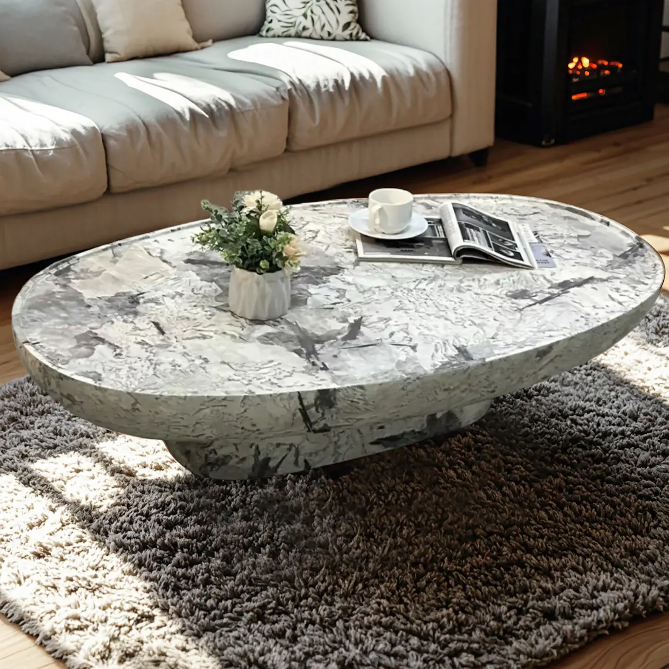 Modern Black Round Fiberglass Coffee Table with Tray Top