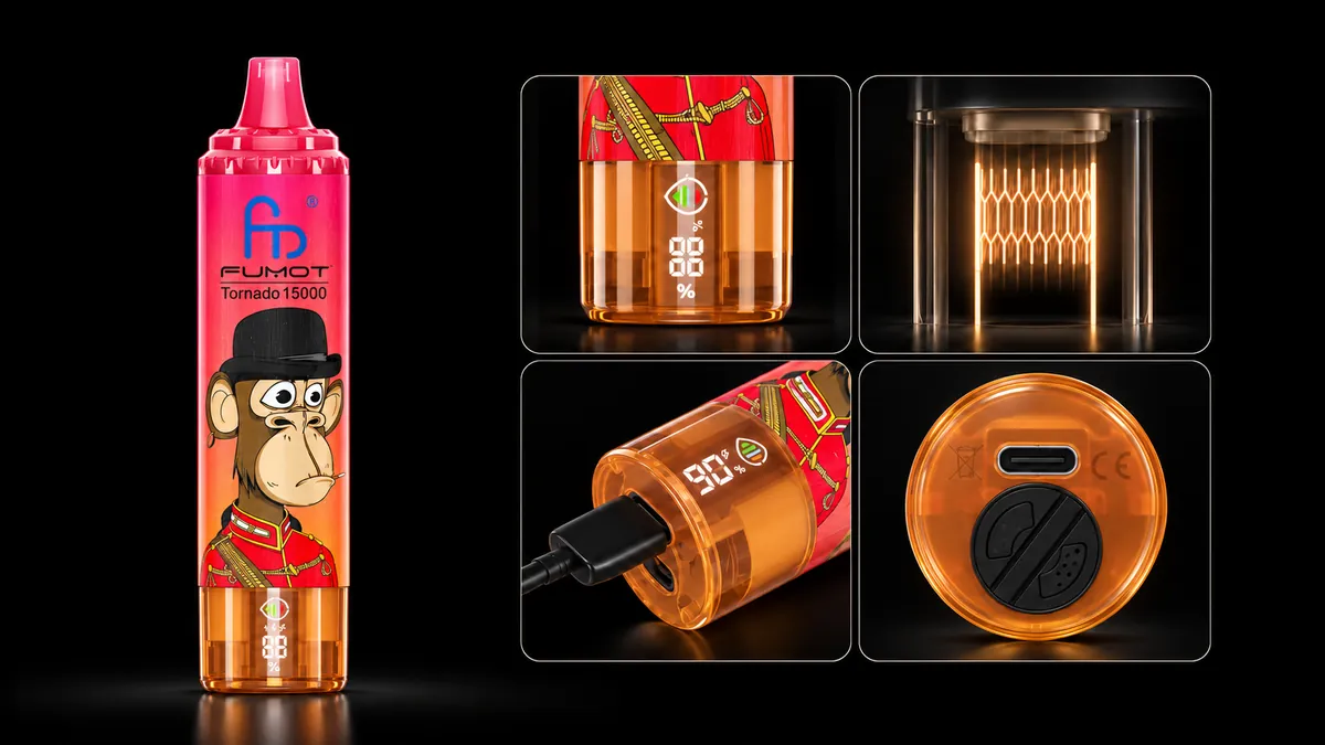 FUMOT Tornado 15000 Red Energy Ice – Detailansichten von Display, Heizsystem, USB-C-Anschluss und Luftregulierung