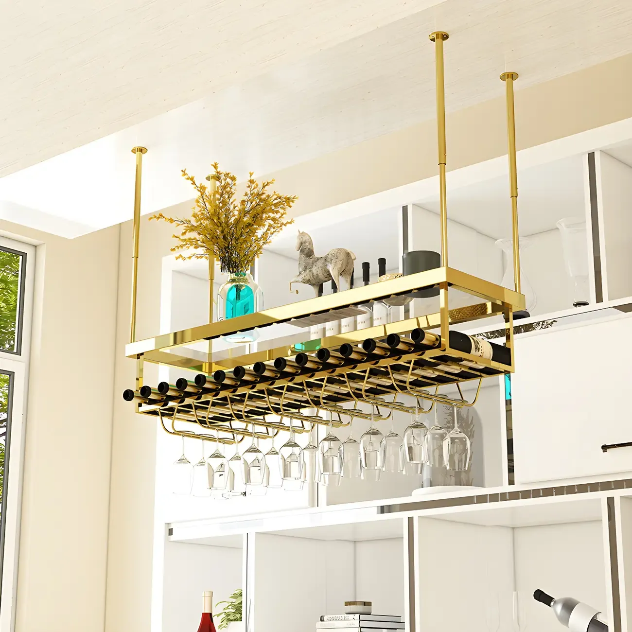 Modern Metal Hanging Wine Rack with Glass Holder