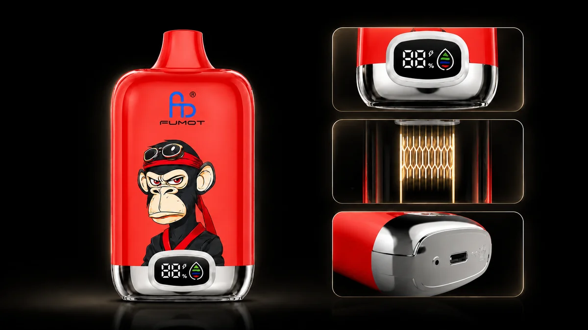 Fumot Digital Box 12000 Cherry Ice Vape Funktionsdetails mit Display, Mesh Coil und Ladeanschluss