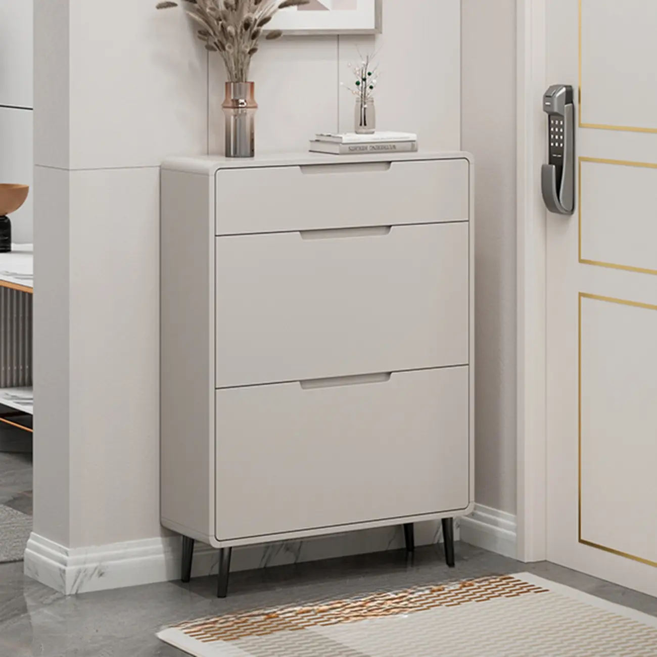 Drop-Front Beige Wood Entryway Shoe Cabinet with 2-Drawer