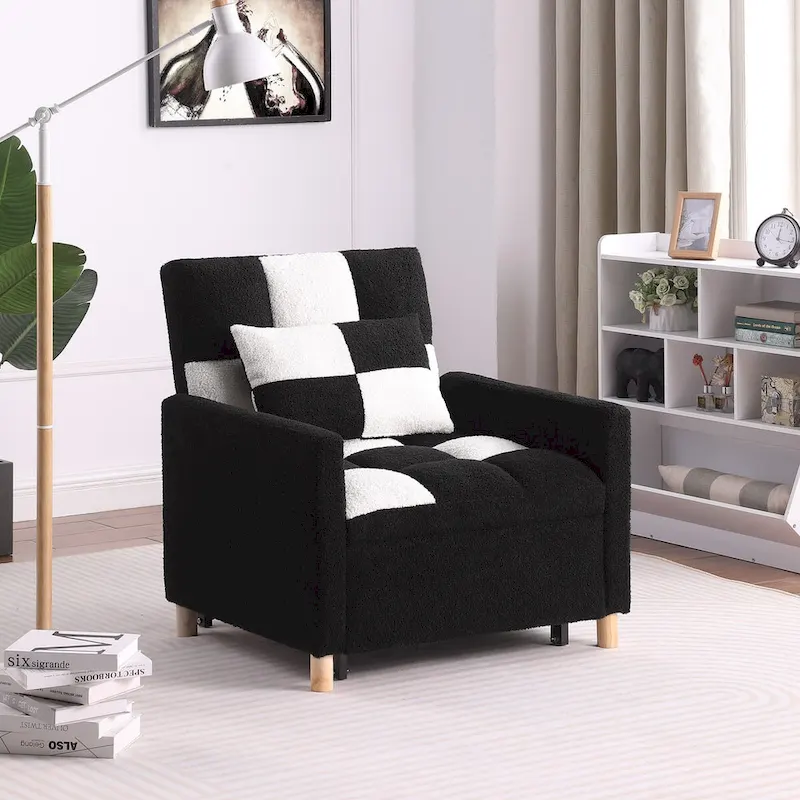 3-in-1 Convertible Sleeper Chair Bed, Single Sofa (Black White)