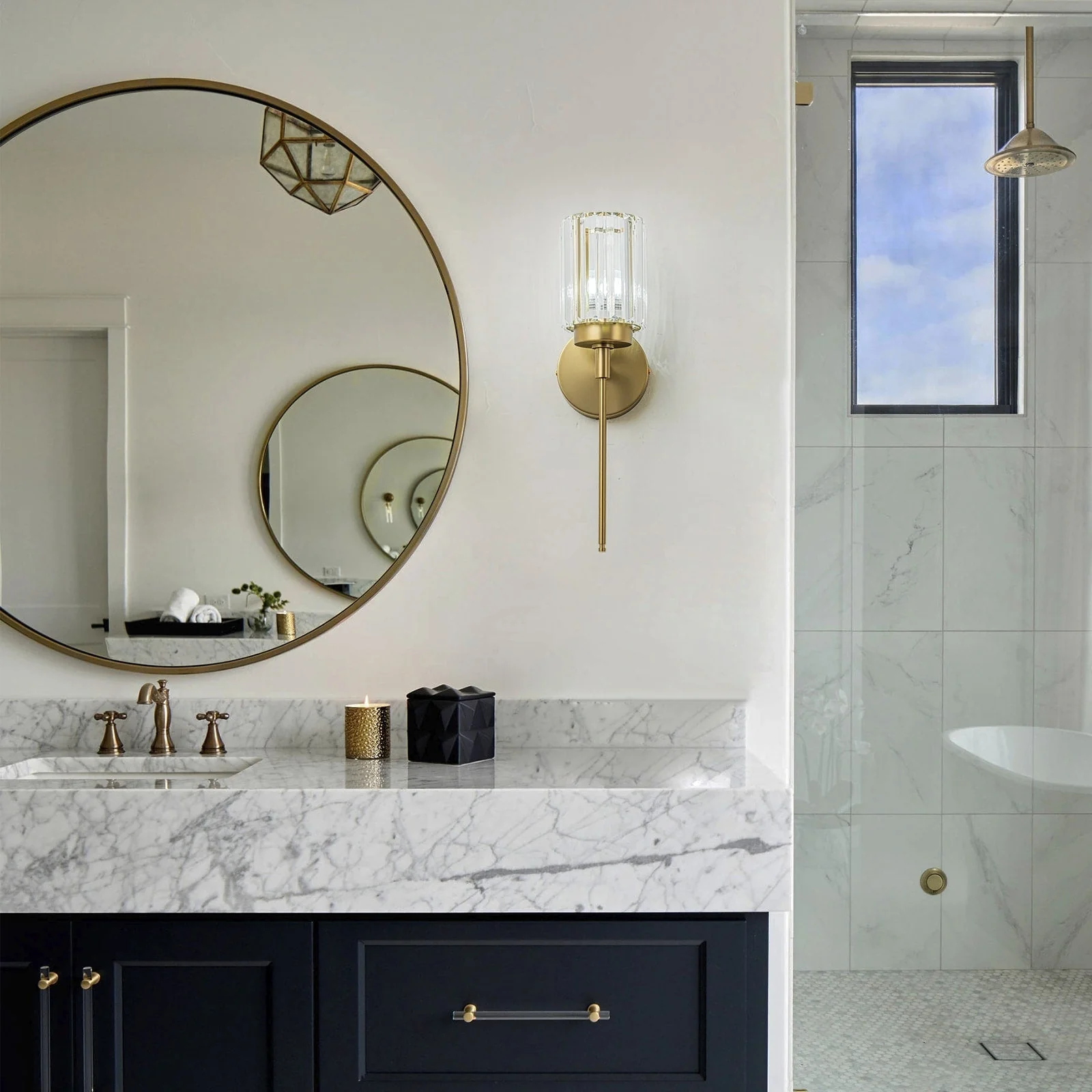 Modern Gold Dimmable Wall Light Glam Cylinder Bathroom Crystal Vanity Light Wall Sconces