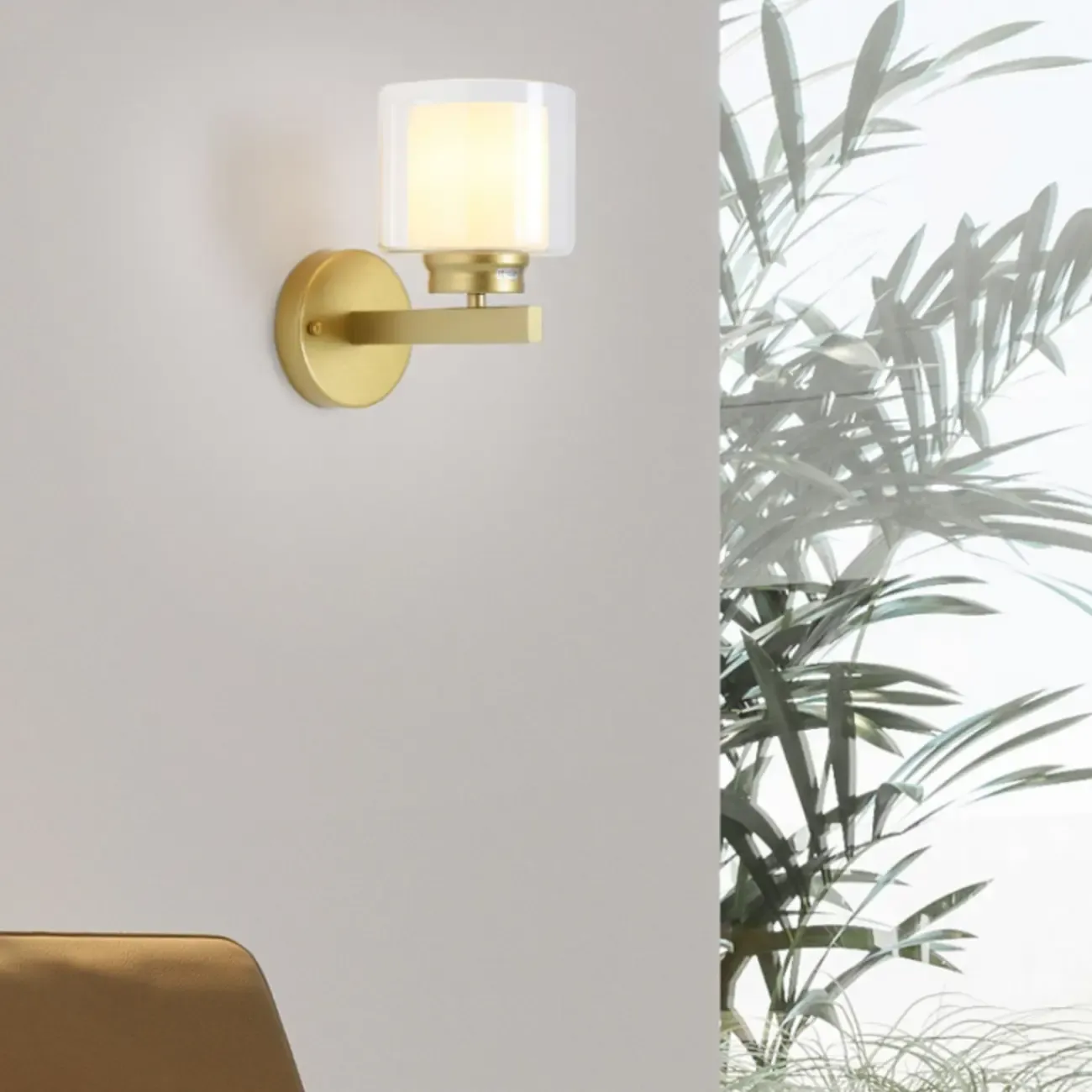 Modern Cylinder Brass Glass Shade Wall Sconce Light Fixture