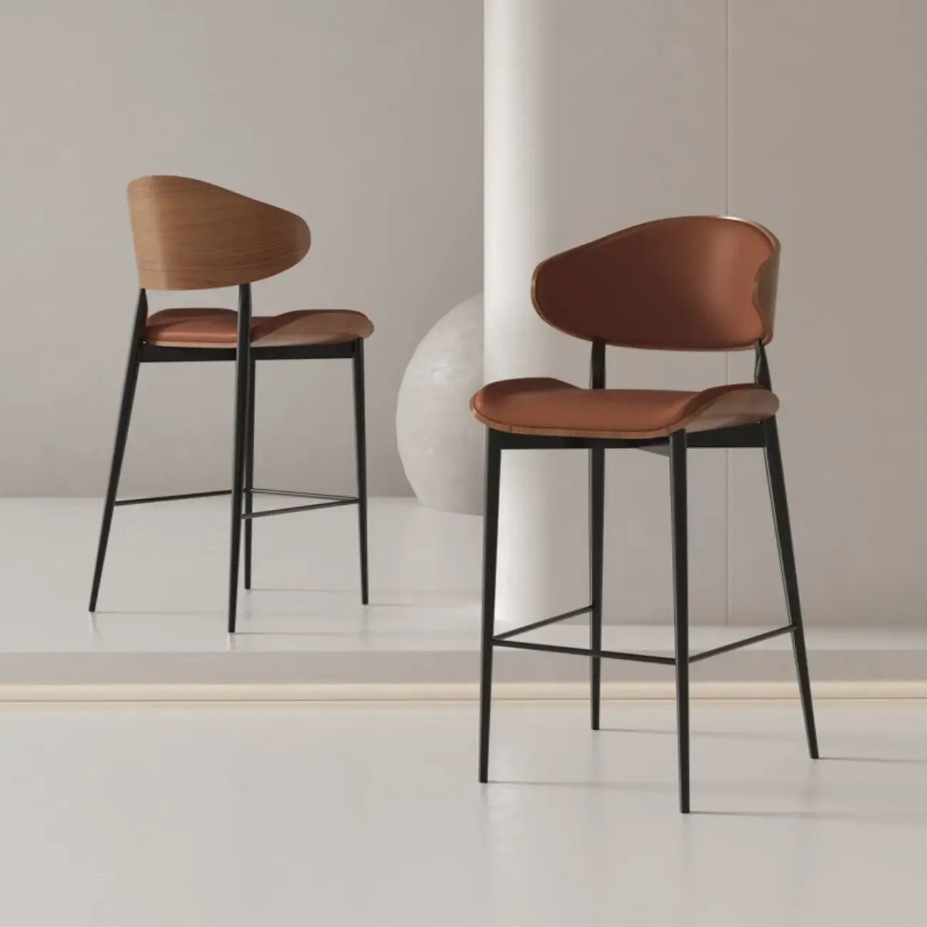 Modern Black Metal Leather Counter Height Bar Stools