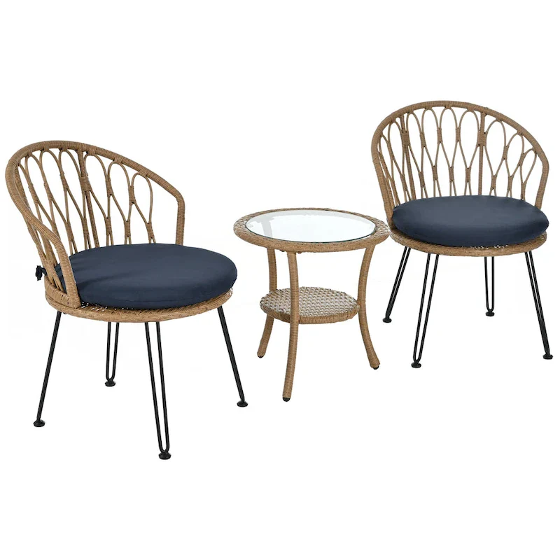 2 Rattan Single Chairs with A Glass Round Table