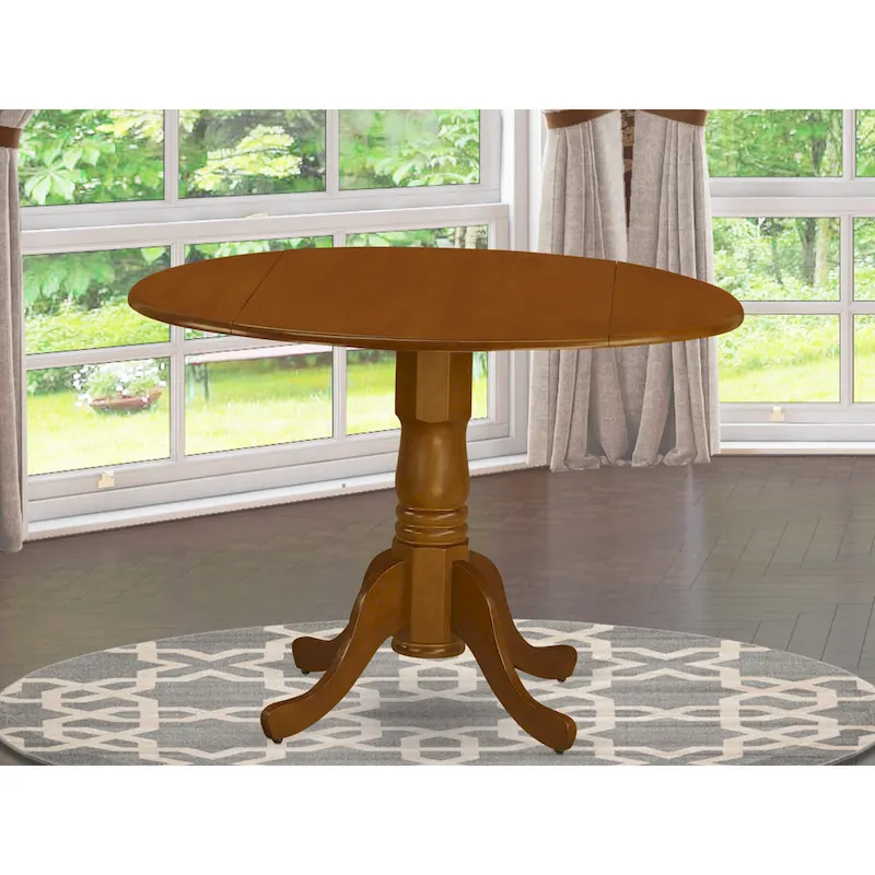 East West Furniture Dublin Kitchen Dining Table - a Round Wooden Table Top with Dropleaf & Pedestal Base, (Finish Options)