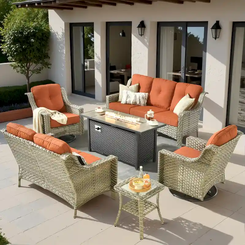 XIZZI 6-piece Patio Wicker Furniture Set with Fire Pit Table