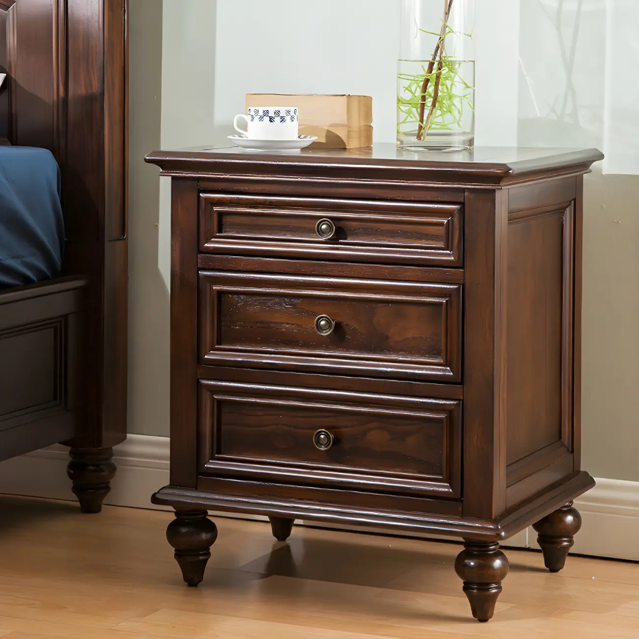 Compact Dark Walnut 3-Drawer Wood Nightstand