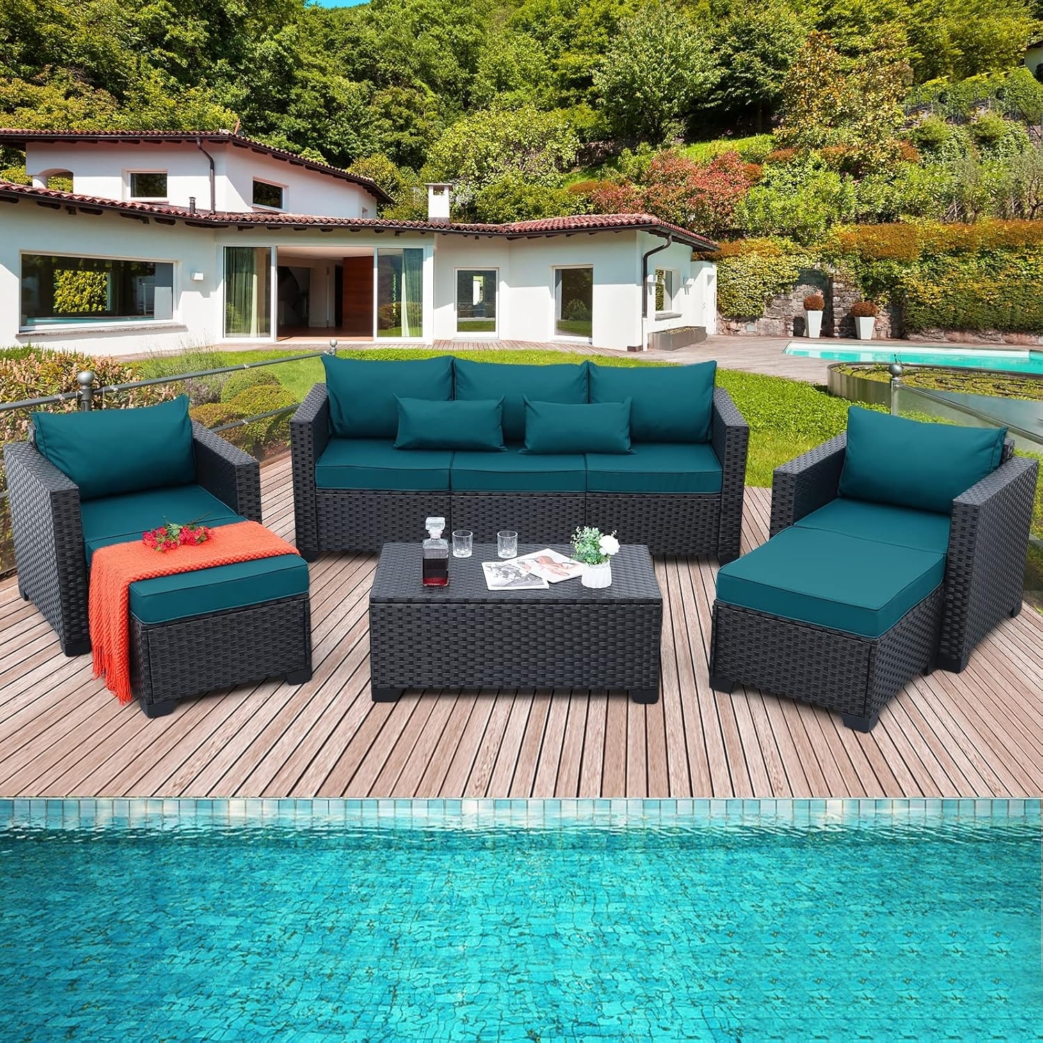 Rattaner 6-Piece Outdoor Wicker Sofa Set with Storage Table, Peacock Blue