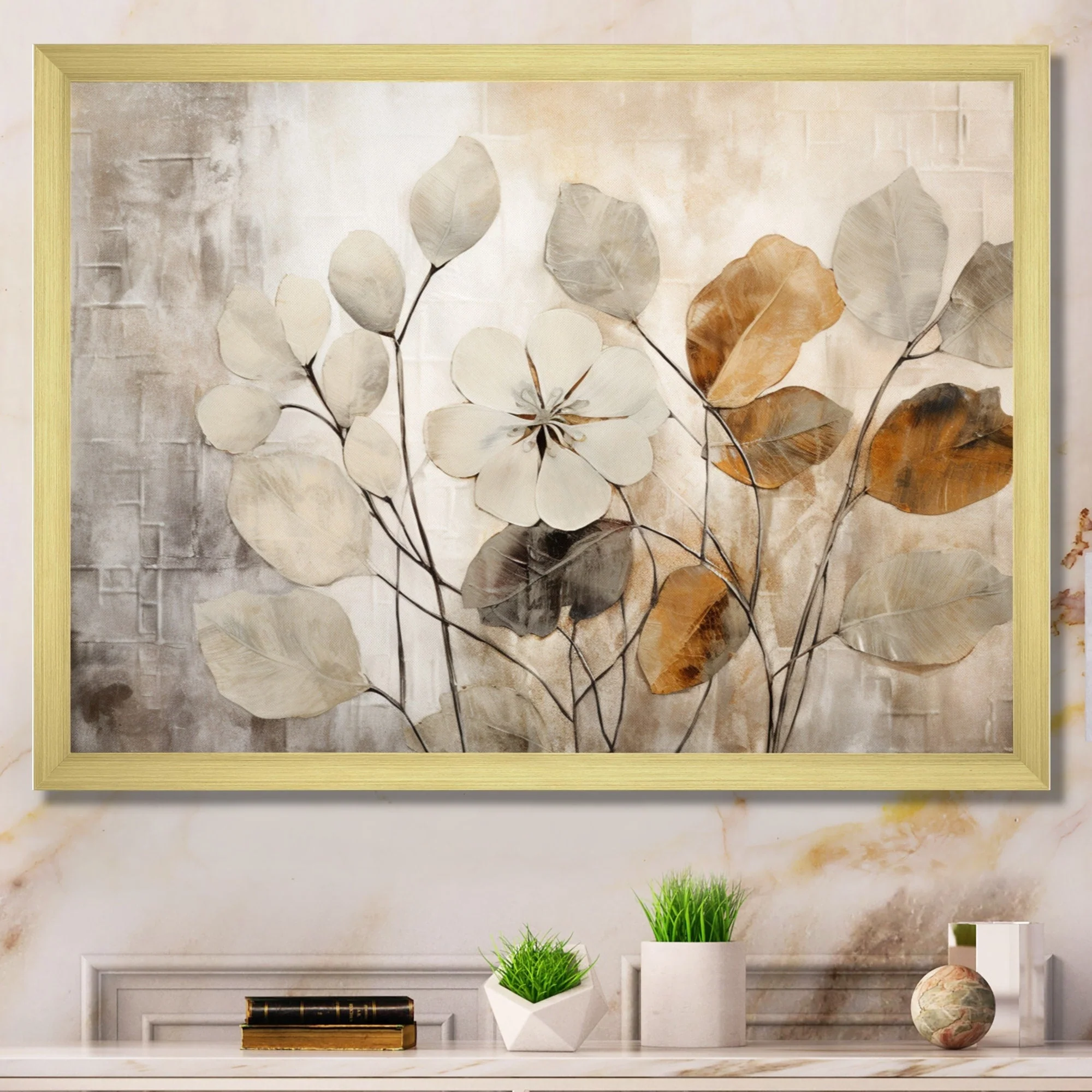 Designart Beige Botanical Impressions III Abstract Botanicals Framed Canvas Art Print