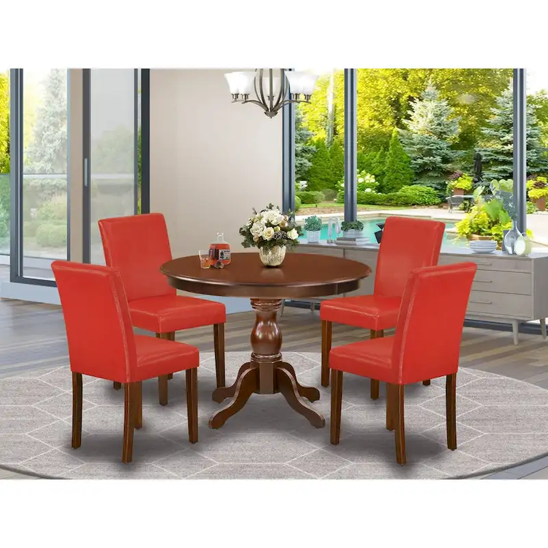 East West Furniture 5 Piece Dinette Set- a Round Dining Table and 4 Parson Dining Chairs, (Finish & Upholstered Option)