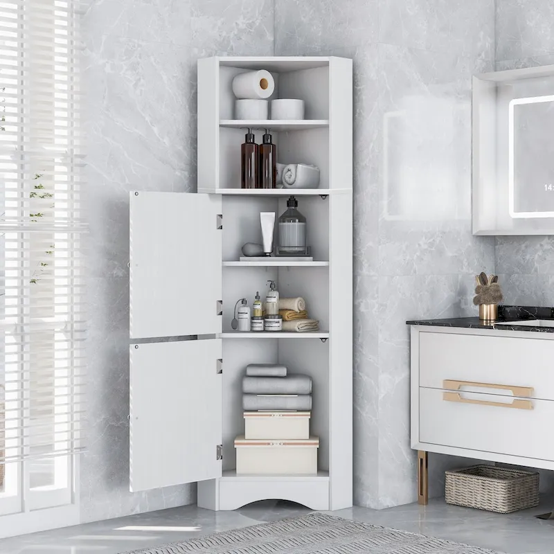 Tall Bathroom Corner Cabinet, Freestanding Storage Cabinet with Doors and Adjustable Shelves, MDF Board