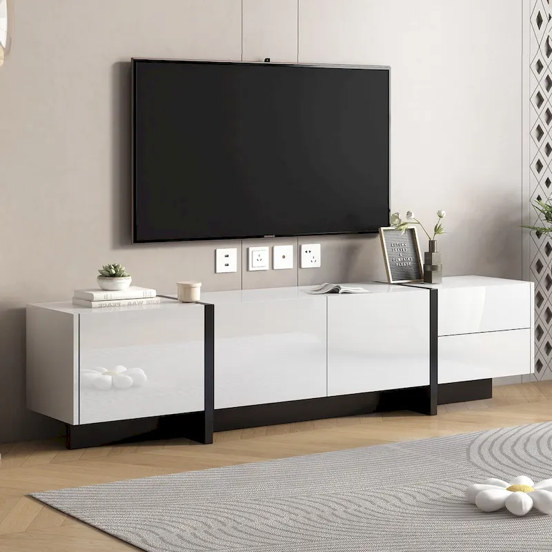 White 74 TV Stand with High Gloss & Storage for TVs Up to 80