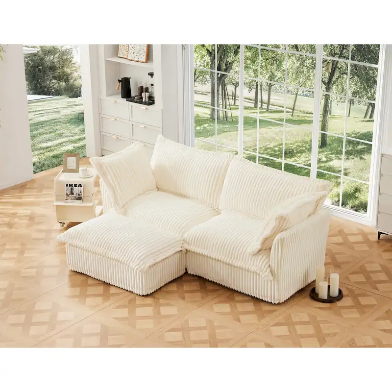 83.4 Corduroy L-Shaped Sectional Sofa with Ottoman