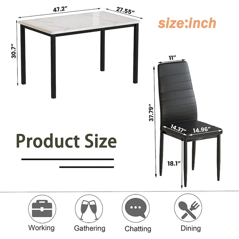 Mieres Modern Style 5-Piece Faux Marble Top Dining Table Set with 4 Faux Leather Upholstered Dining Chairs