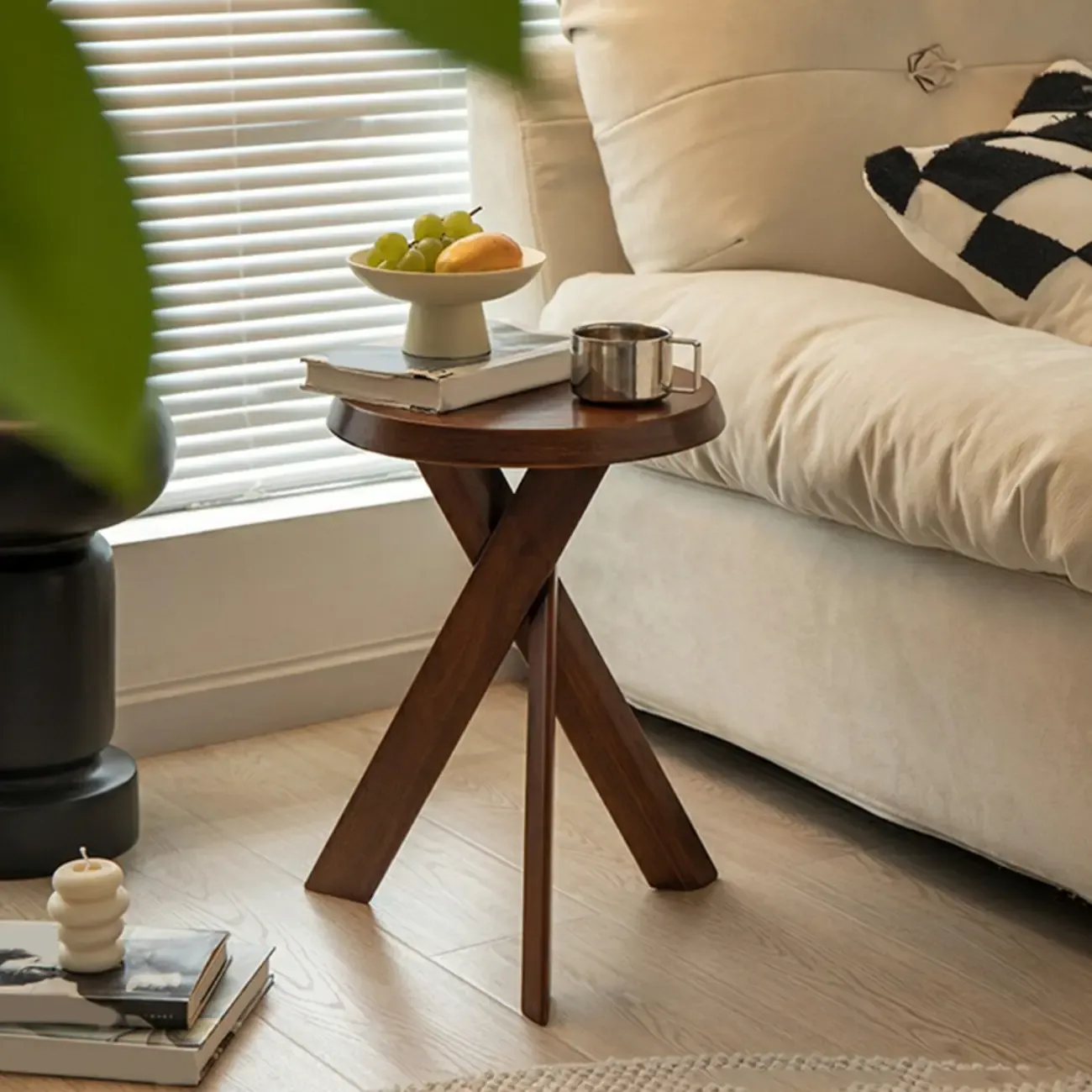Modern Round Wood Side Table with Cross Legs