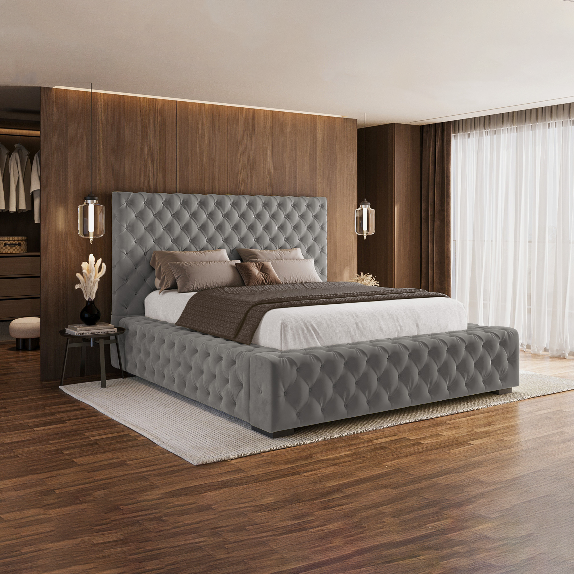 IDALINE grey velvet upholstered storage bed 160 x 200 cm - Premium Quality Home Furniture | Kendale Furniture