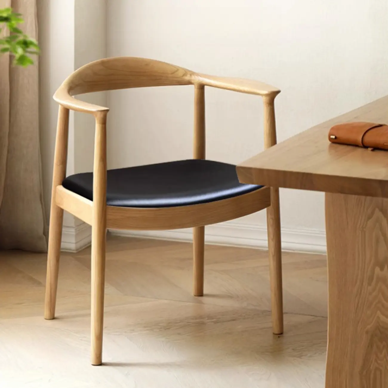 Scandinavian Curved Wood Woven Seat Armrest Dining Chair