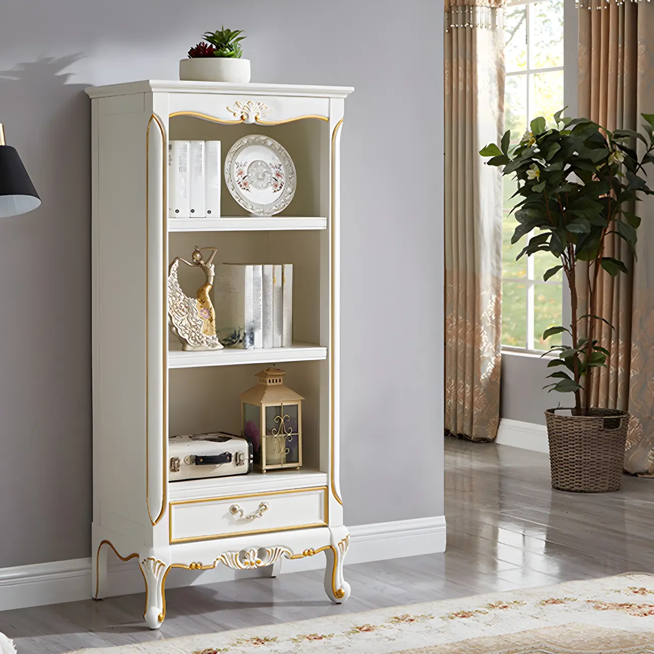 Classic Brown/White Wooden Bookcase with Drawer