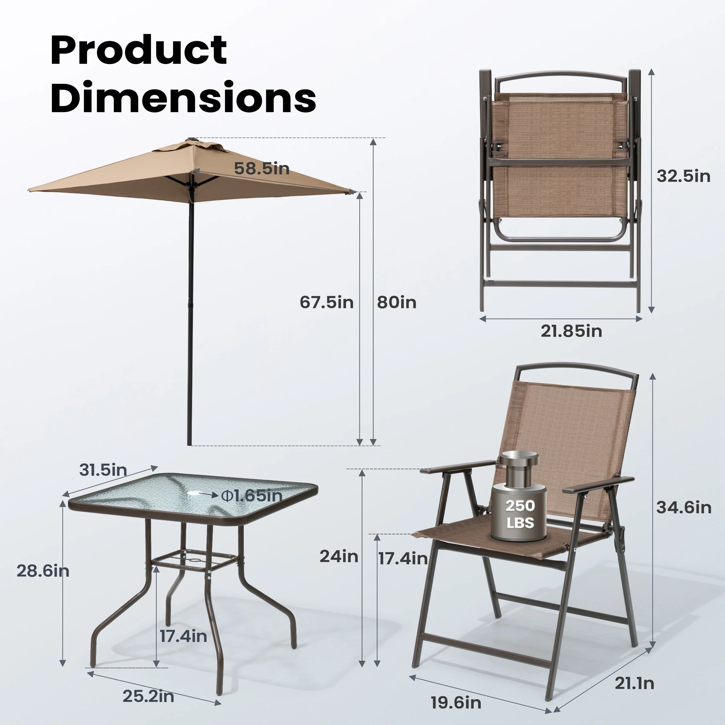 Pellebant 6 Piece Patio Set with Table, Umbrella and 4 Folding Chairs - 22.4Wx26.8Dx34.4H