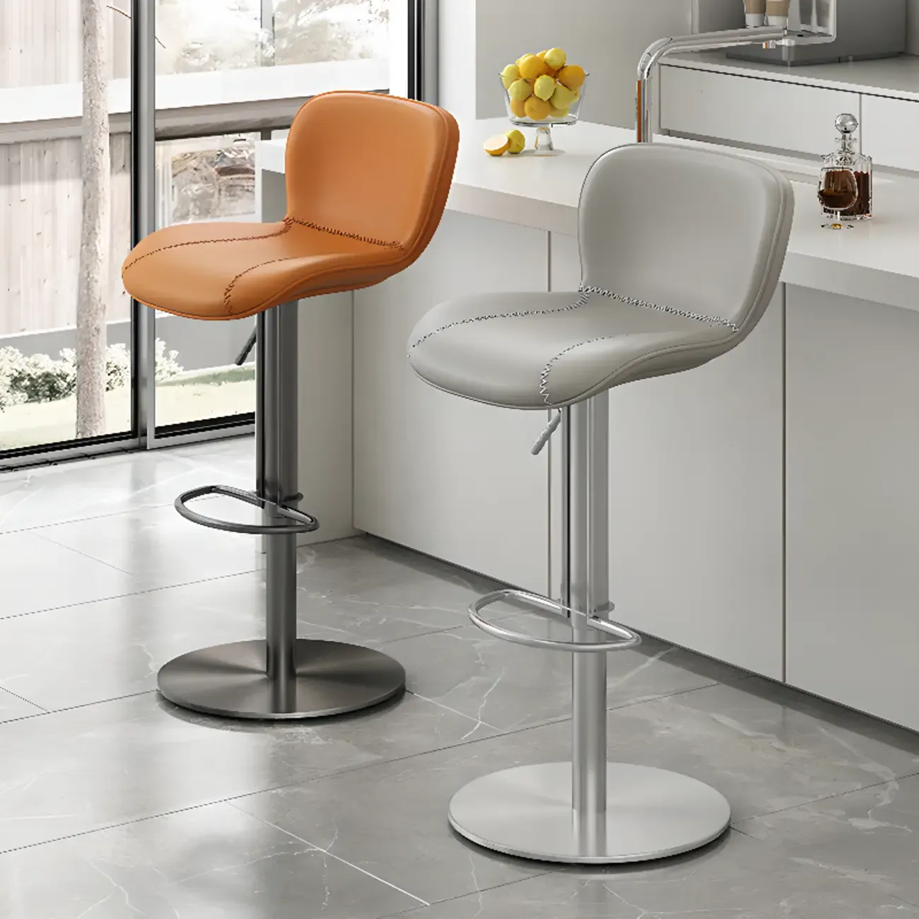 Modern Adjustable Leather Bar Stools Footrest for Kitchen