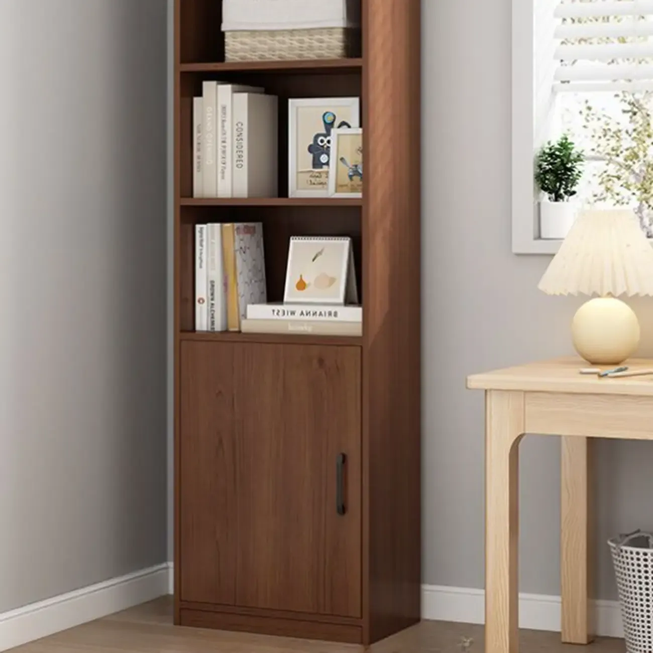 Narrow Modern Nut-Brown Wooden 3-Shelf Bookcase with Cabinet