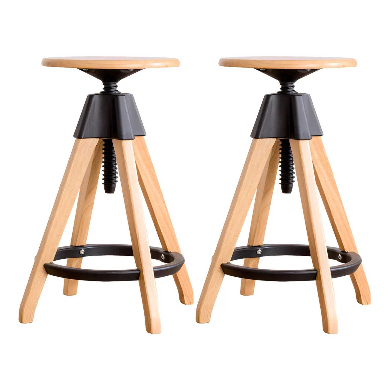 Adjustable Brown Wooden Swivel Backless Bar Stools