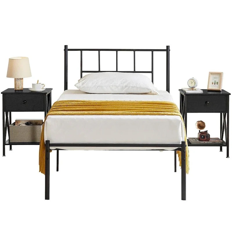VECELO 3-Pieces Bed Frame with Wood Headboard and Modern Nightstands Set of 2