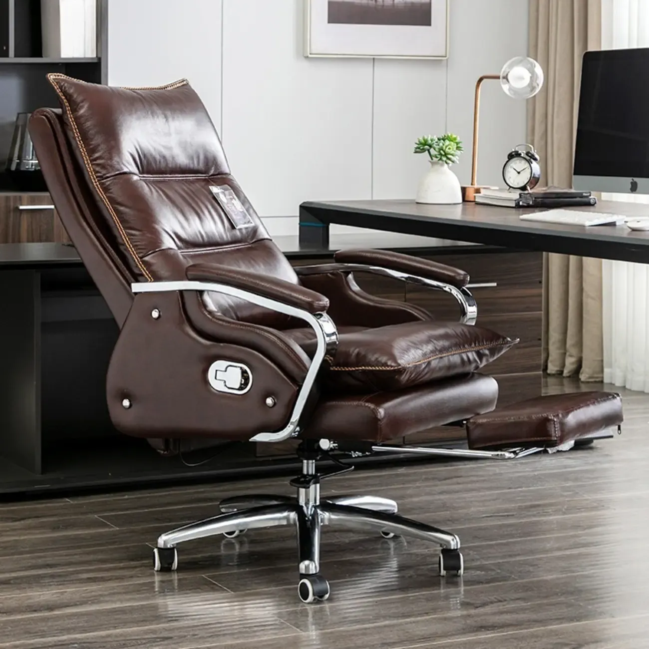Executive Reddish Brown Leather Reclining Office Chair