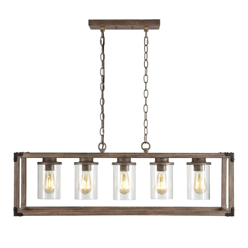 Darlene 36  5-Light Linear Adjustable Iron/Seeded Glass Rustic Farmhouse LED Pendant, Brown by JONATHAN Y