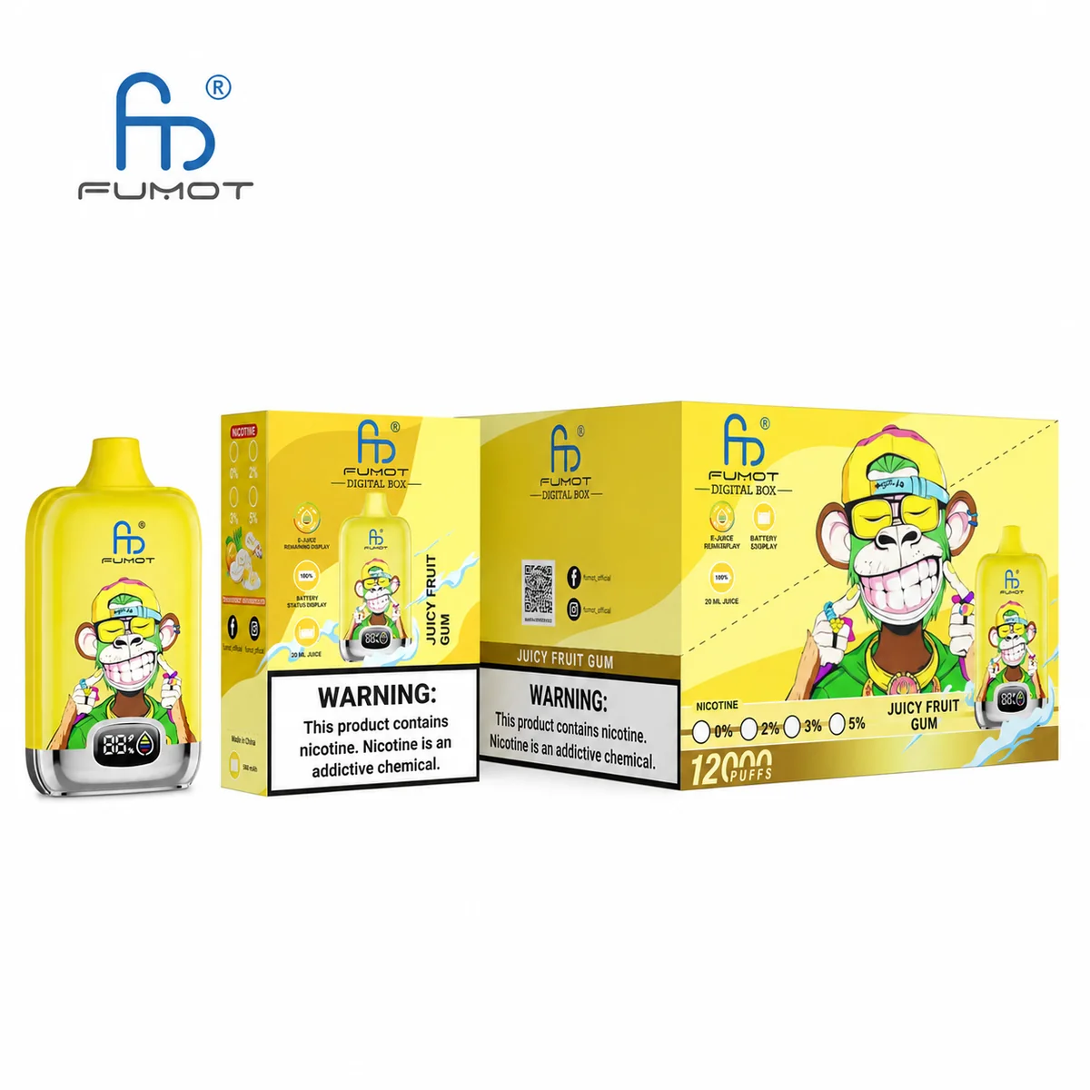 Fumot Digital Box 12000 Juicy Fruit Gum – 10er-Displaybox mit Einweg-Vape und Einzelpackung