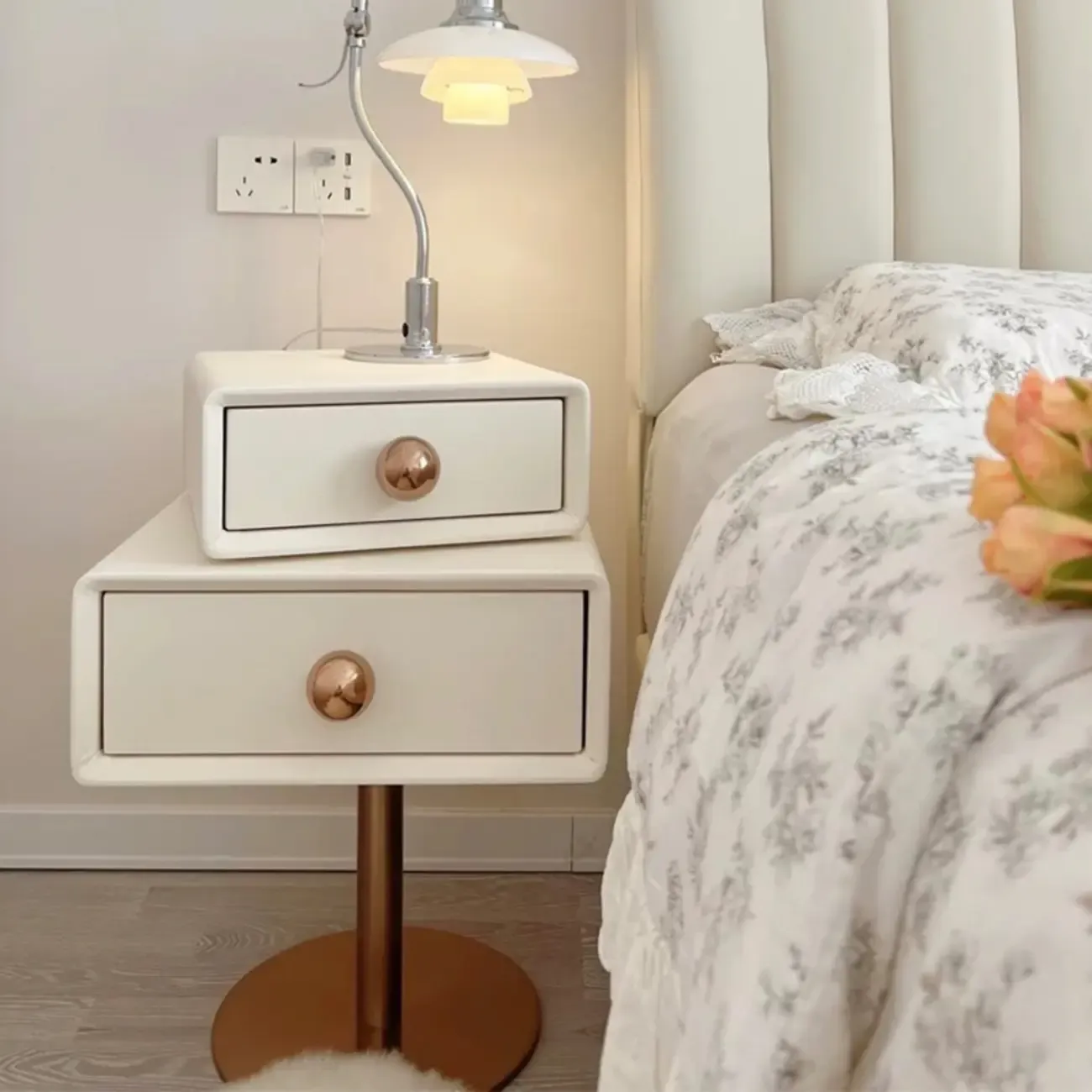 Modern Metal Faux Leather Swivel 2-Drawer Nightstand