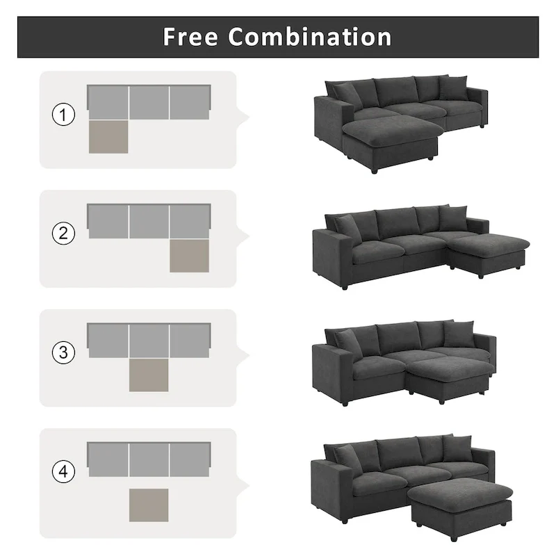 4-Seat Polyester L-Shaped Sectional Sofa with Convertible Ottoman
