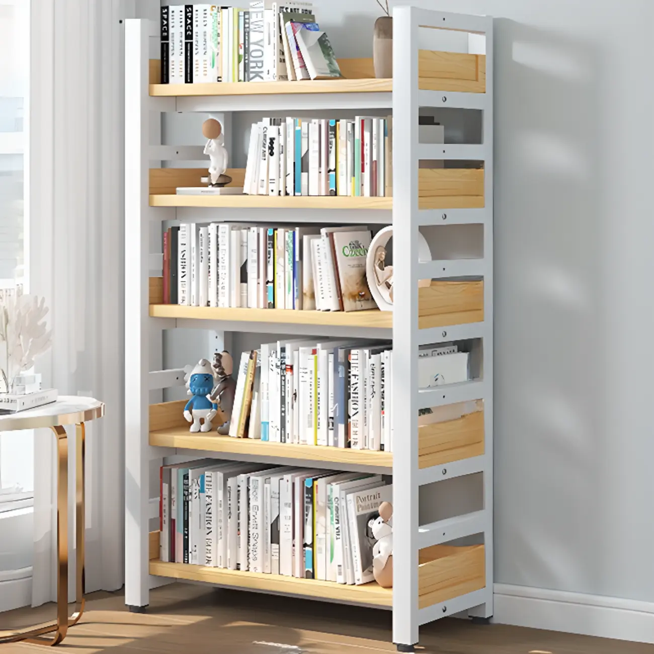 Freestanding Simple Multi-Layer Wood Bookshelf in Steel Frame