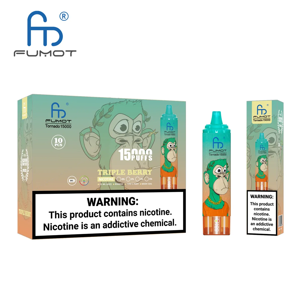 Fumot Tornado 15000 Triple Berry – 10er-Displaybox mit Einweg-Vape und Einzelpackung